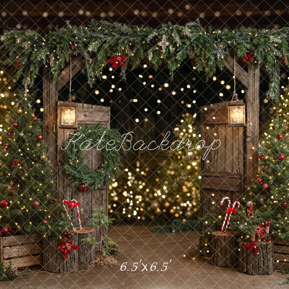 Kate Weihnachten Holztür Lichter Girlande Hintergrund Entworfen von Emetselch - Kate Backdrop.de