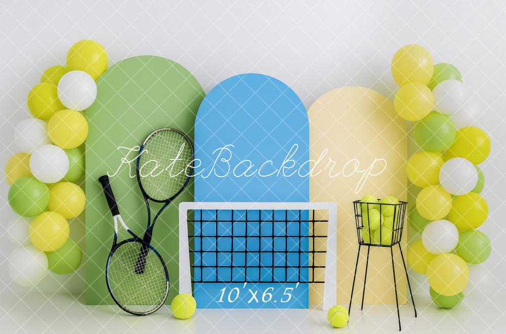 Kate Tennis Schläger Netz Ballons Bunt Hintergrund Entworfen von Patty Roberts - Kate Backdrop.de