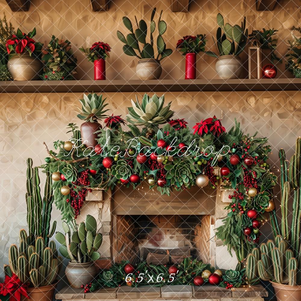 Kate Weihnachten Kamin Sukkulenten Kaktus Hintergrund Entworfen von Patty Roberts - Kate Backdrop.de