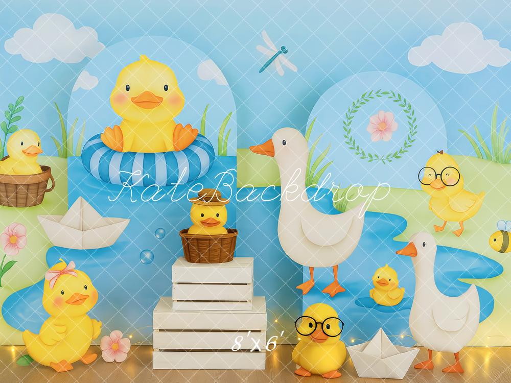 Kate Enten Teich Papierboote Blau Hintergrund Entworfen von Patty Roberts - Kate Backdrop.de