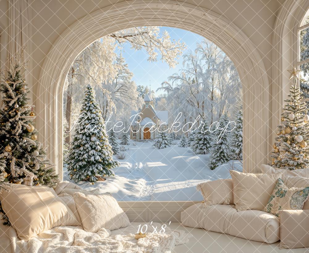 Kate Weihnachten Wohnzimmer Fenster Winterwald Fleece Hintergrund Entworfen von Emetselch