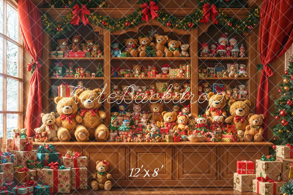 Kate Weihnachten Teddybären Regal Holz Fleece Hintergrund Entworfen von Emetselch - Kate Backdrop.de