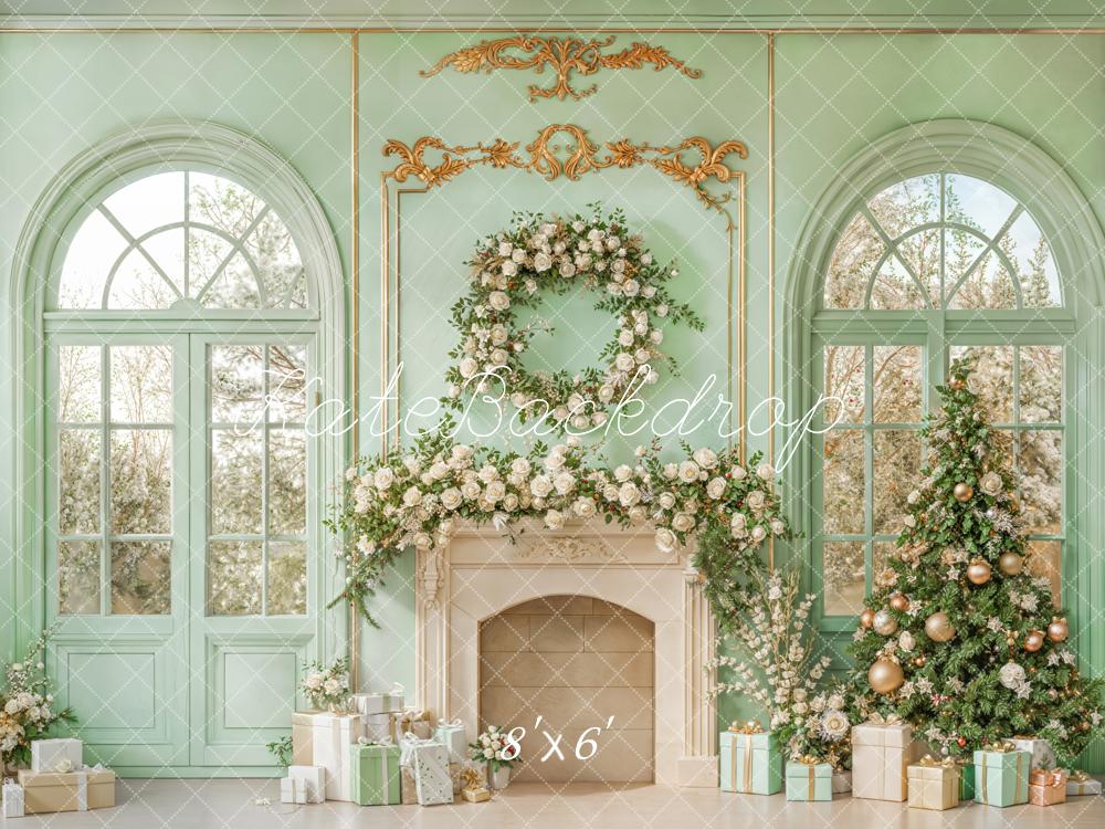 Kate Weihnachten Kamin Geschenke Blumen Mintgrün Fleece Hintergrund Entworfen von Emetselch - Kate Backdrop.de