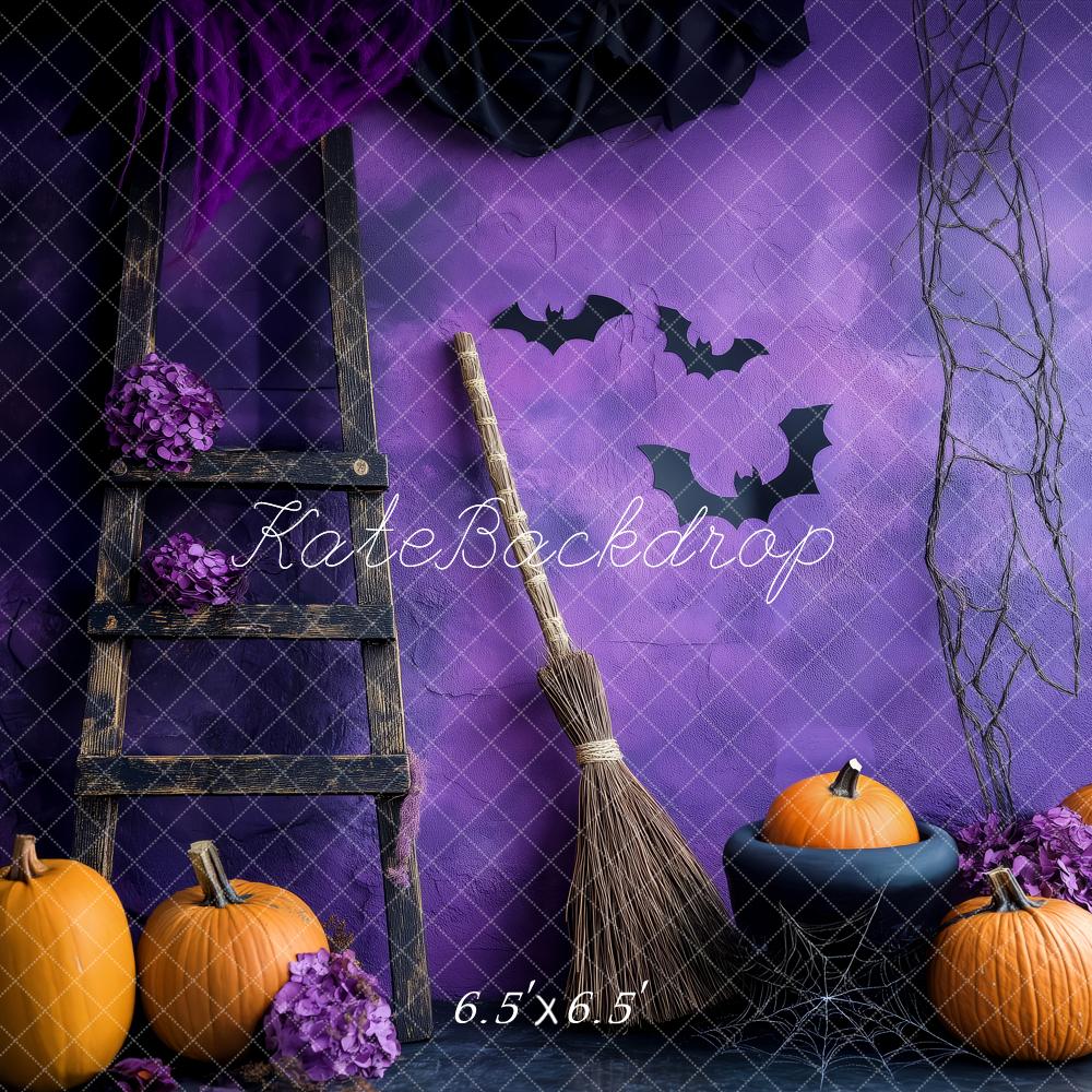 Kate Halloween Kürbisse Fledermäuse Lila Hintergrund Entworfen von Patty Roberts - Kate Backdrop.de