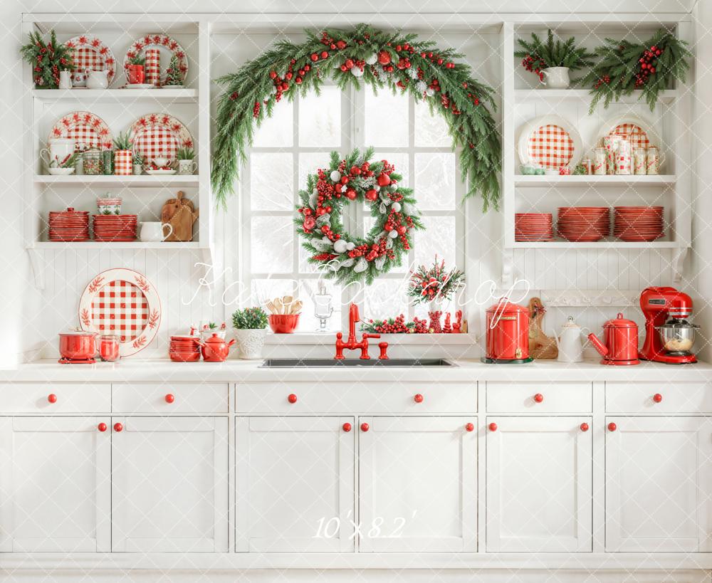 Kate Weihnachten Küche Kranz Rot Weiß Hintergrund Entworfen von Emetselch - Kate Backdrop.de