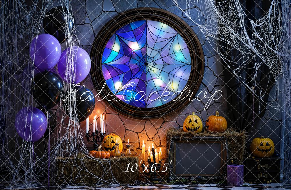 Kate Halloween Kürbis Spinnennetz Buntglas Fleece Hintergrund Entworfen von Emetselch