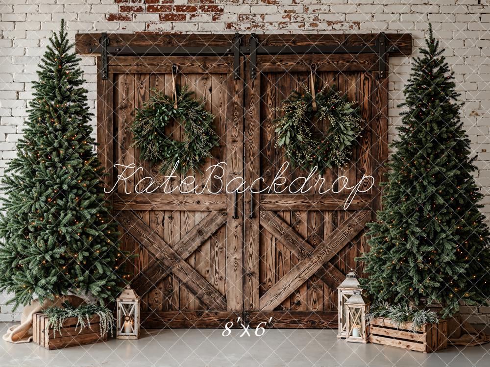 Kate Weihnachten Tannenbäume Holztür Rustikal Fleece Hintergrund Entworfen von Emetselch - Kate Backdrop.de