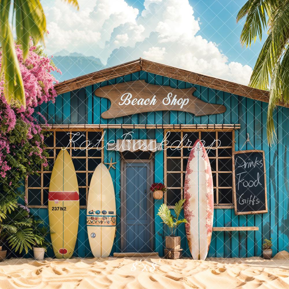Kate Sommer Surfbretter Strandhaus Blau Hintergrund Entworfen von Emetselch - Kate Backdrop.de
