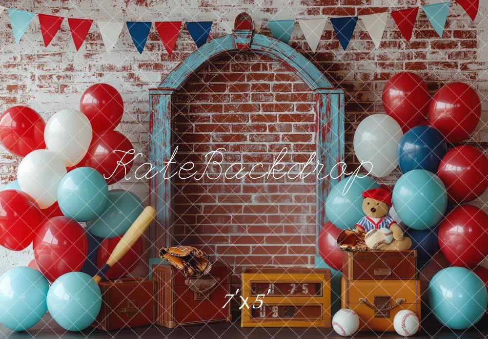 Kate Kinder Baseball Ballons Backstein Vintage Hintergrund Entworfen von Mini MakeBelieve - Kate Backdrop.de
