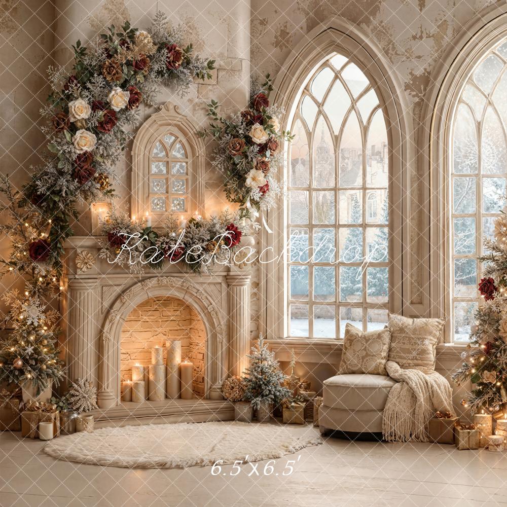 Kate Weihnachten Kamin Baum Beige Hintergrund Entworfen von Emetselch - Kate Backdrop.de