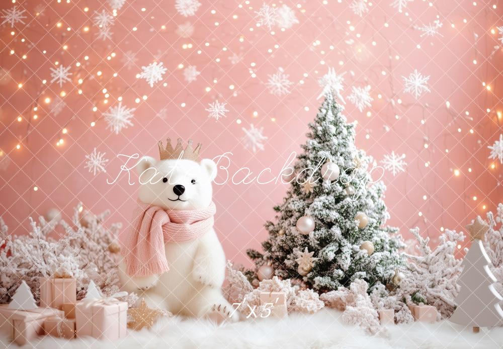 Kate Weihnachten Eisbär Schneebaum Rosa Hintergrund Entworfen von Patty Roberts - Kate Backdrop.de