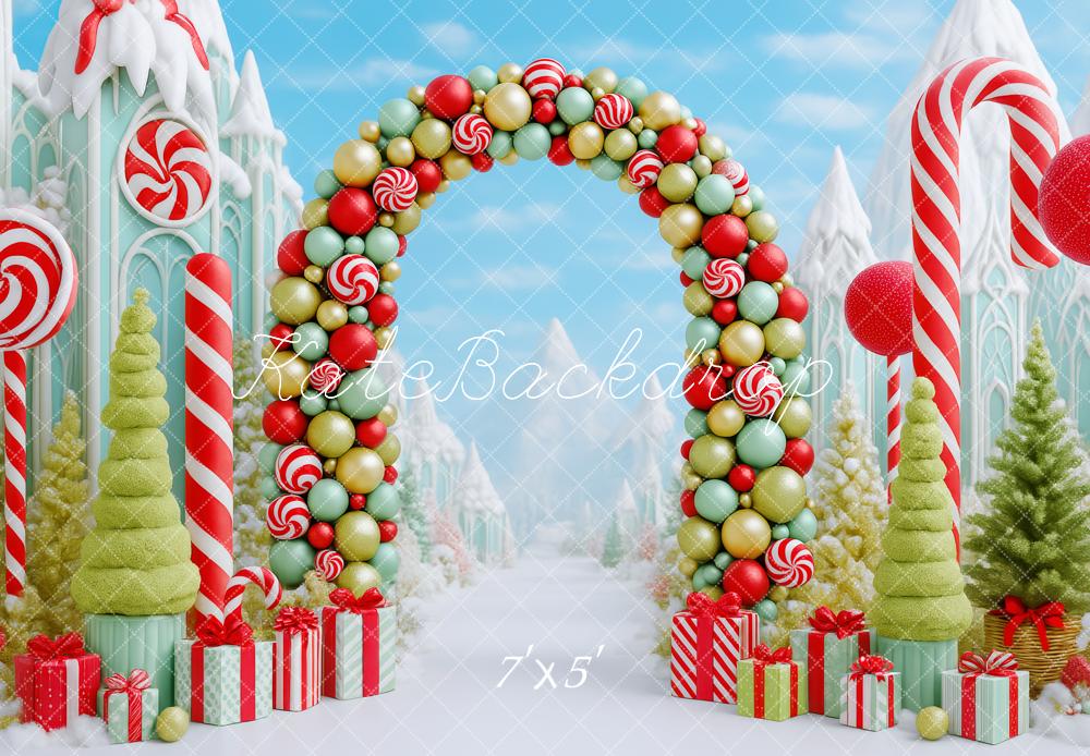 Kate Weihnachten Süßigkeitenbogen Schneelandschaft Bunt Hintergrund Entworfen von Patty Roberts - Kate Backdrop.de