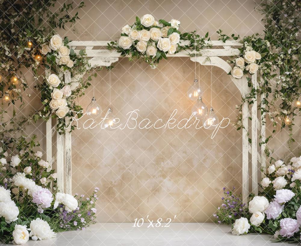 Kate Hochzeit Blumenbogen Lichter Creme Hintergrund Entworfen von Mini MakeBelieve - Kate Backdrop.de