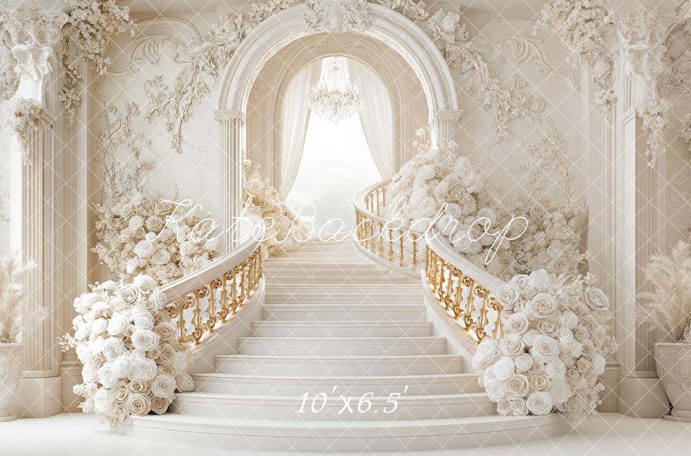 Kate Hochzeit Prunkvolle Treppe Blumen Weiß Hintergrund Entworfen von Mini MakeBelieve - Kate Backdrop.de