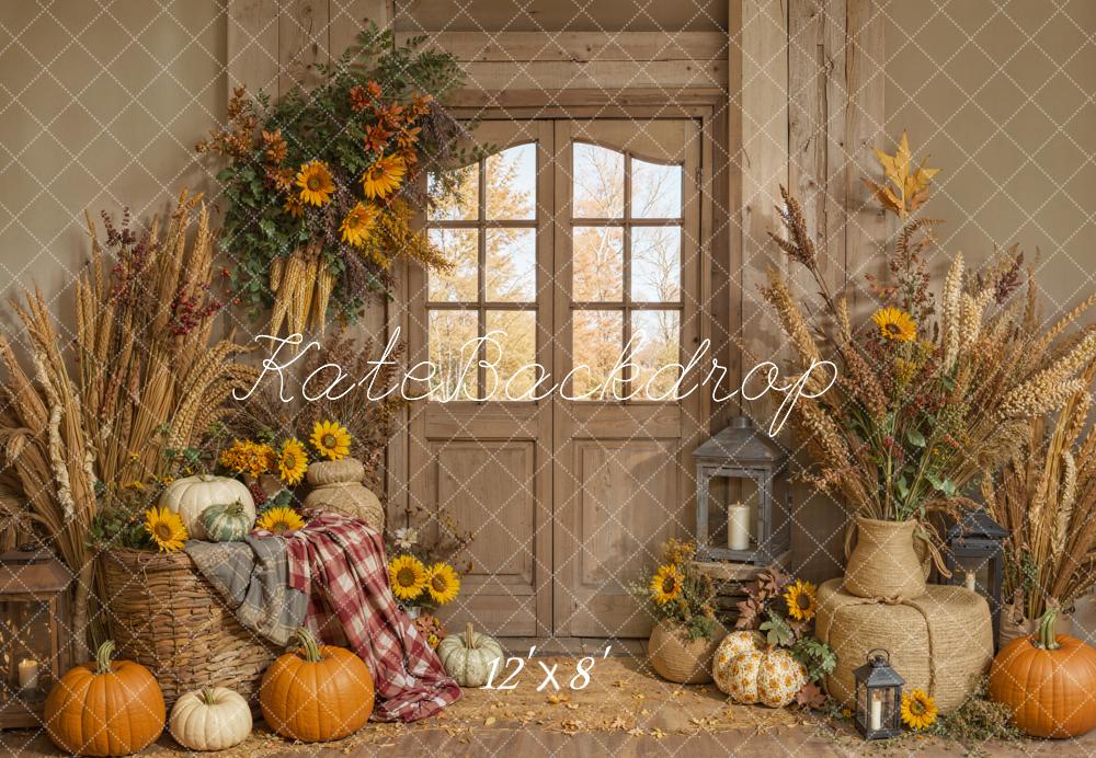 Kate Herbst Kürbisse Sonnenblumen Rustikal Fleece Hintergrund Entworfen von Emetselch - Kate Backdrop.de