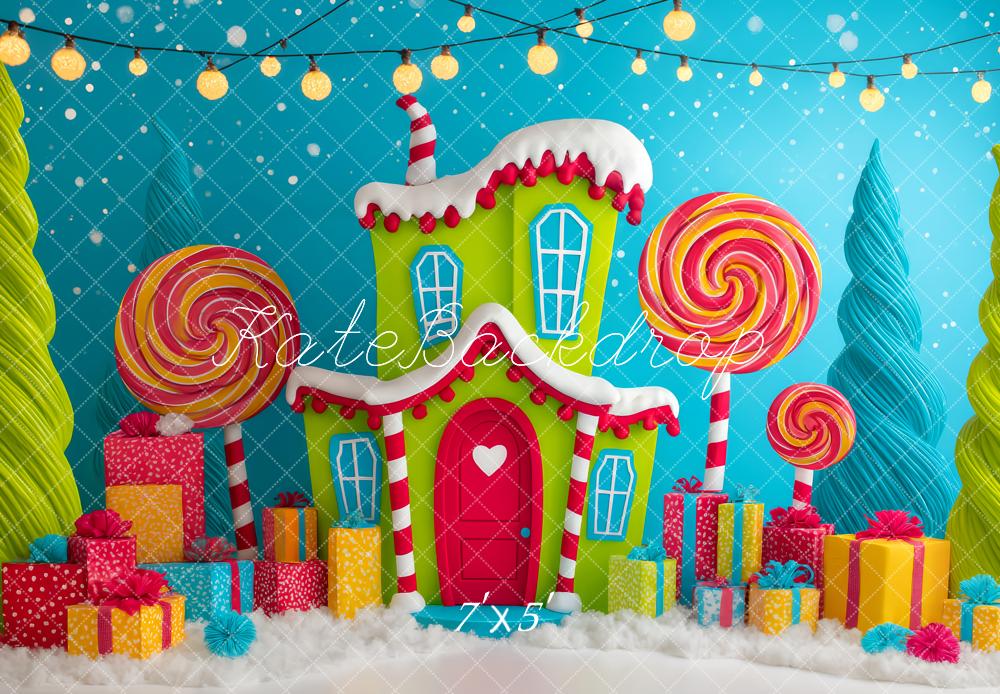 Kate Weihnachten Lebkuchenhaus Lollipops Bunt Hintergrund Entworfen von Patty Roberts - Kate Backdrop.de