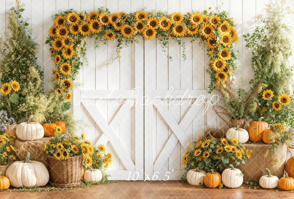 Kate Herbst Sonnenblumen Kürbisse Weiß Fleece Hintergrund Entworfen von Emetselch - Kate Backdrop.de