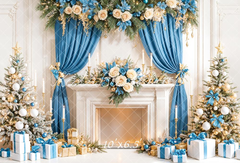 Kate Weihnachten Kamin Geschenke Blau Gold Fleece Hintergrund Entworfen von Emetselch - Kate Backdrop.de