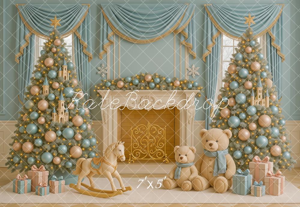 Kate Weihnachten Kamin Teddybär Pastell Hintergrund Entworfen von Ashley Paul - Kate Backdrop.de