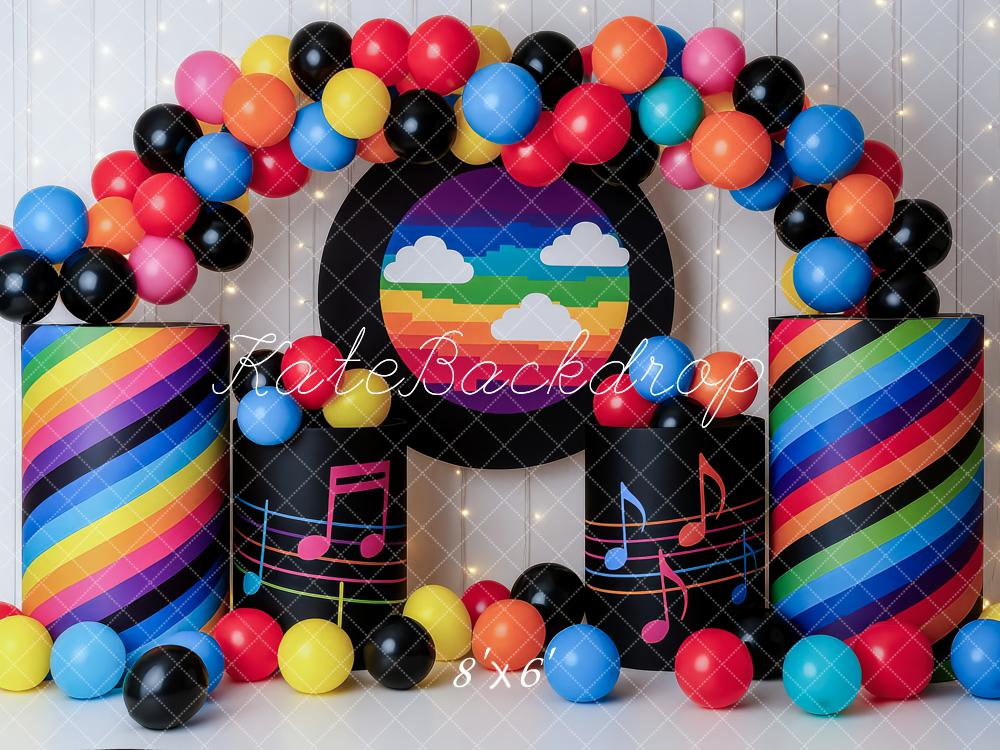 Kate Geburtstag Bunte Luftballons Regenbogen Streifen Hintergrund Entworfen von Patty Roberts - Kate Backdrop.de