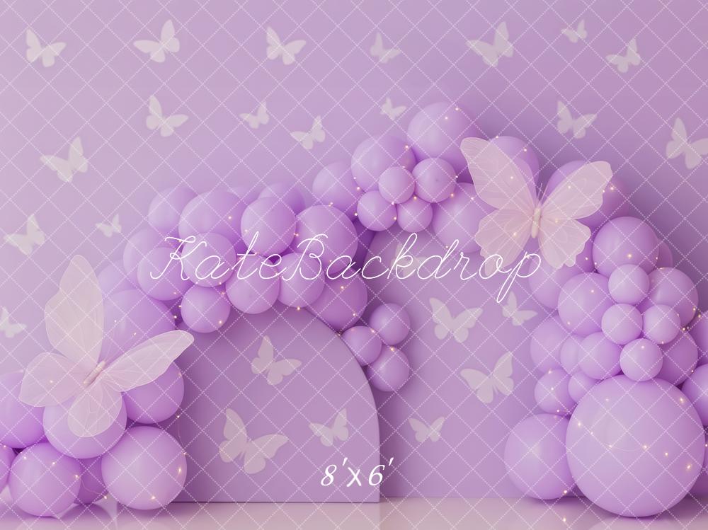 Kate Geburtstag Ballonbogen Schmetterlinge Lila Hintergrund Entworfen von Patty Roberts - Kate Backdrop.de