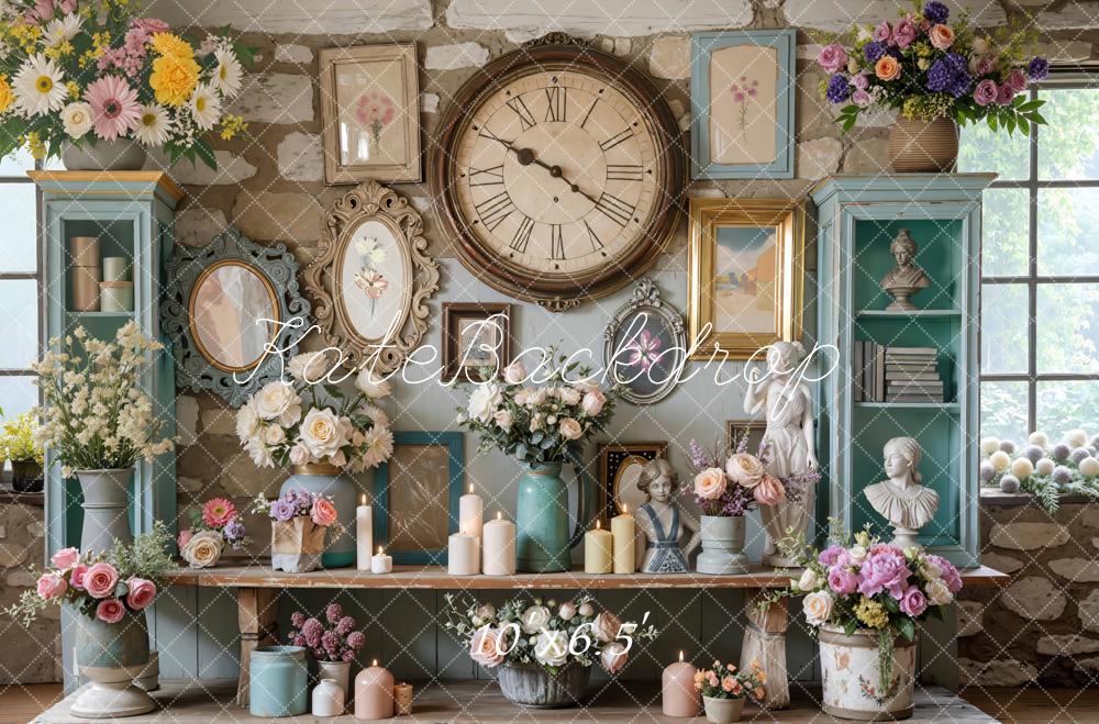Kate Vintage Blumen Bücherregal Steinwand Hintergrund Entworfen von Mini MakeBelieve