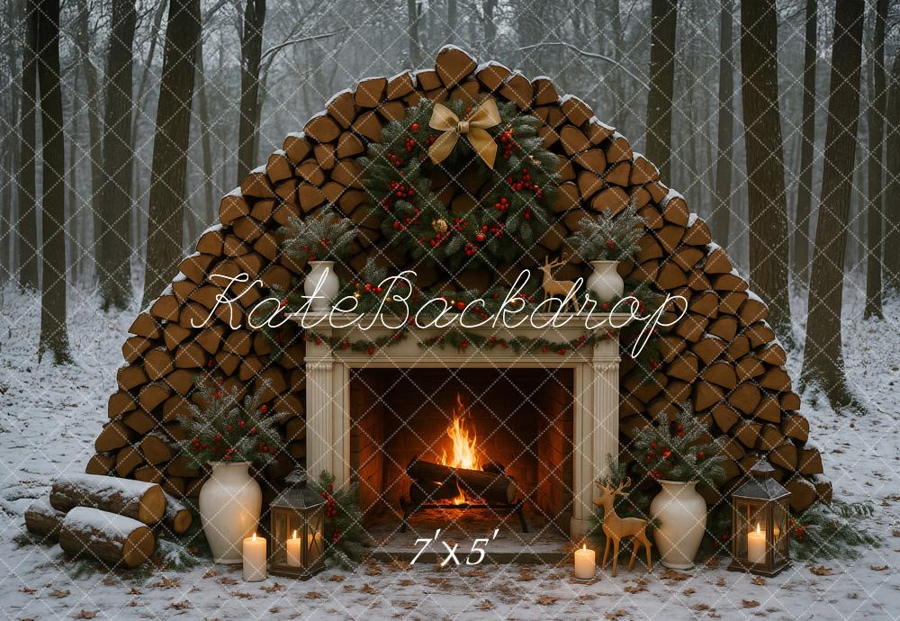 Kate Weihnachten Kamin Holzstapel Wald Hintergrund Entworfen von Ashley Paul - Kate Backdrop.de