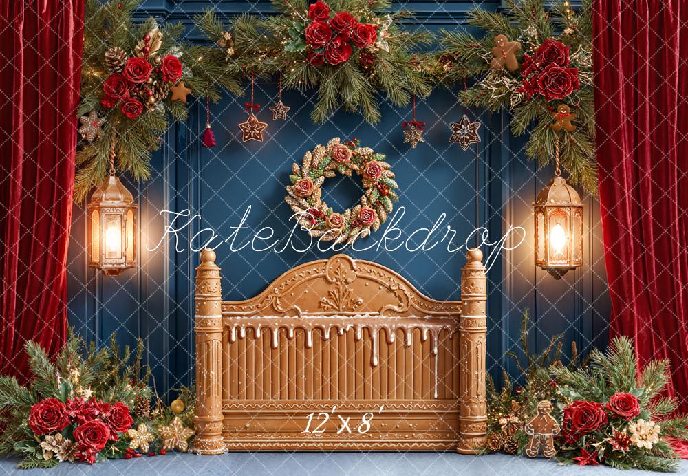 Kate Weihnachten Lebkuchenbett Tannenzweige Rot Fleece Hintergrund Entworfen von Emetselch - Kate Backdrop.de