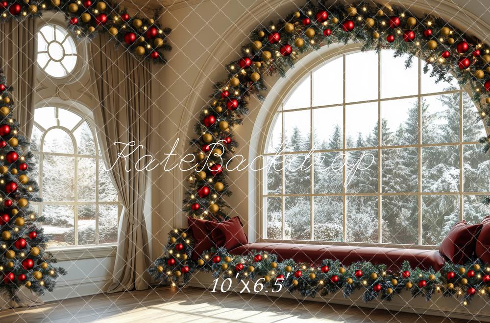 Kate Weihnachten Fenster Tannenzweige Rot Gold Hintergrund Entworfen von Mini MakeBelieve - Kate Backdrop.de
