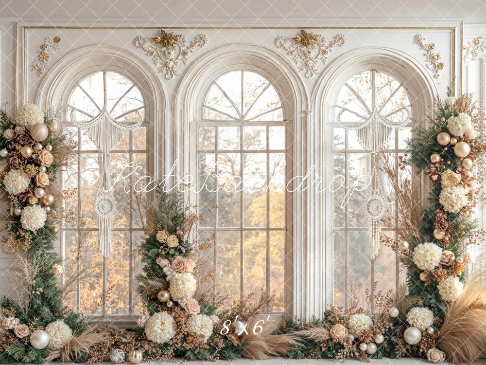 Kate Weihnachten Fenster Blumen Gold Fleece Hintergrund Entworfen von Emetselch - Kate Backdrop.de