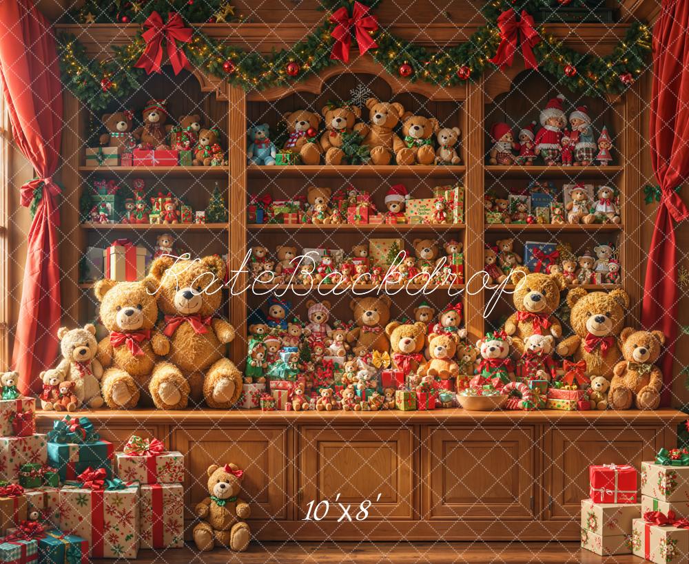 Kate Weihnachten Teddybären Regal Holz Fleece Hintergrund Entworfen von Emetselch - Kate Backdrop.de