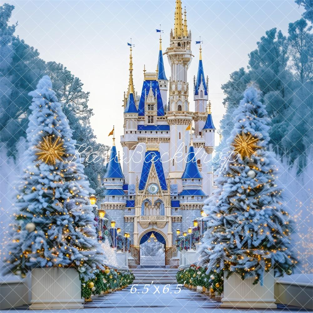 Kate Weihnachten Schloss Tannenbäume Blau Hintergrund Entworfen von Mini MakeBelieve - Kate Backdrop.de