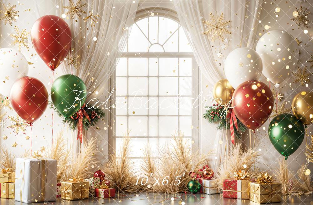 Kate Weihnachten Ballons Geschenke Fenster Fleece Hintergrund Entworfen von Emetselch - Kate Backdrop.de