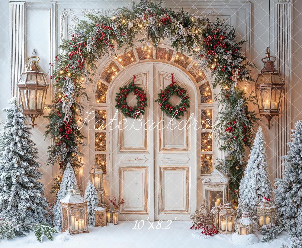 Kate Weihnachten Tür Kranz Schneebäume Fleece Hintergrund Entworfen von Emetselch