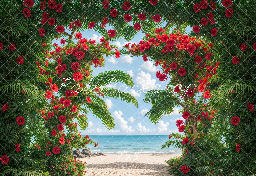 Kate Sommer Strand Palmen Rote Blumen Hintergrund Entworfen von Emetselch