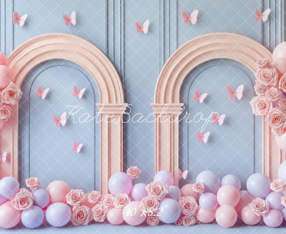 Kate Geburtstag Bögen Ballons Schmetterlinge Pastell Hintergrund Entworfen von Mini MakeBelieve - Kate Backdrop.de