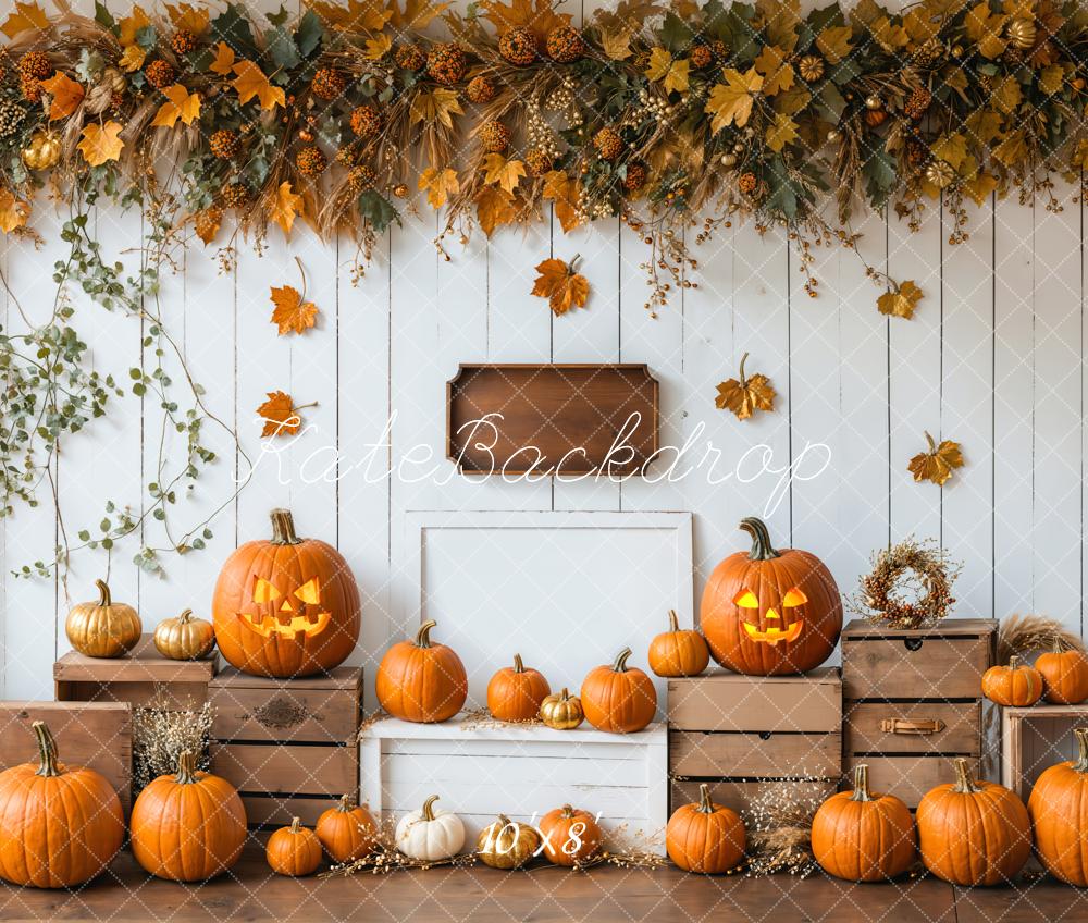 Kate Halloween Kürbisse Holzkisten Herbstlaub Fleece Hintergrund Entworfen von Emetselch