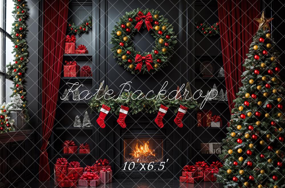 Kate Weihnachten Kamin Kranz Weihnachtsbaum Hintergrund Entworfen von Mini MakeBelieve - Kate Backdrop.de