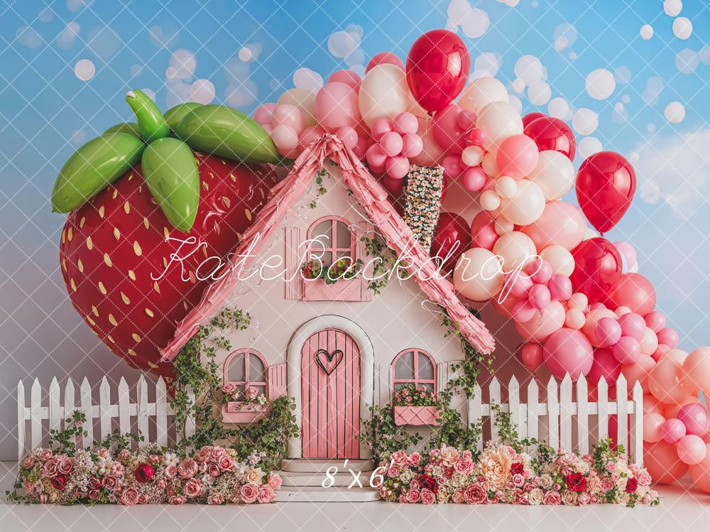 Kate Kinder Erdbeer Haus Ballons Fleece Hintergrund Entworfen von Emetselch - Kate Backdrop.de
