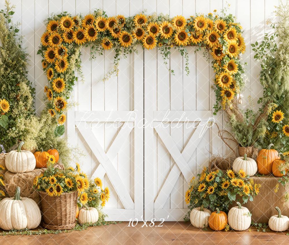 Kate Herbst Sonnenblumen Kürbisse Weiß Fleece Hintergrund Entworfen von Emetselch - Kate Backdrop.de