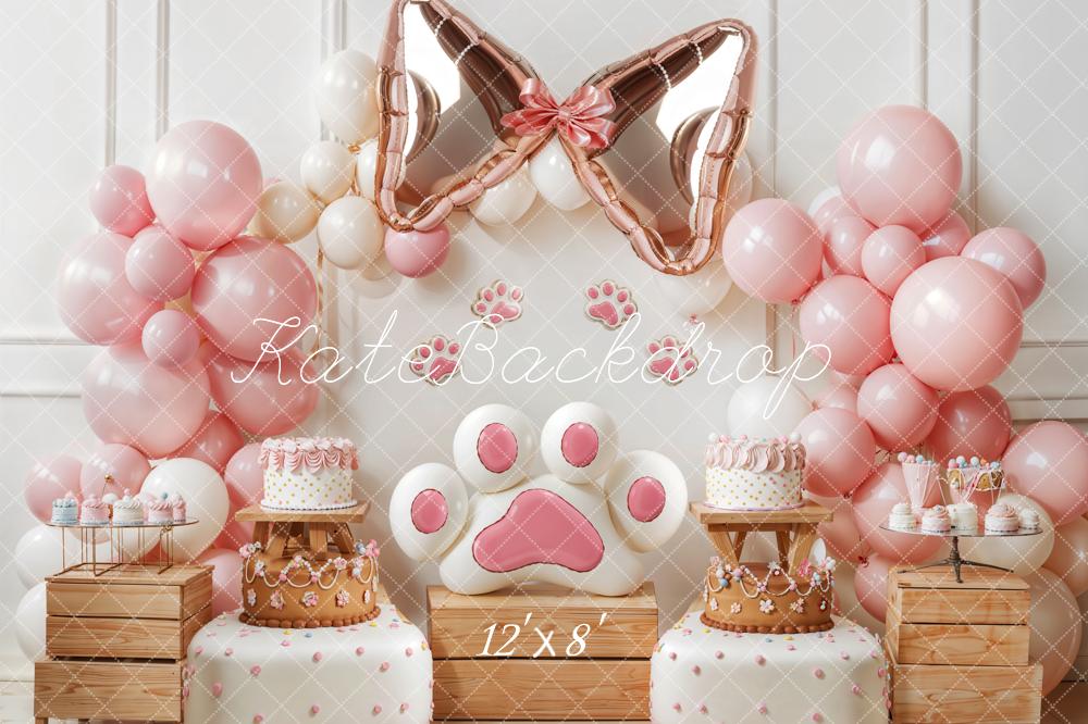 Kate Geburtstag Katzenpfote Schleife Rosa Fleece Hintergrund Entworfen von Emetselch - Kate Backdrop.de