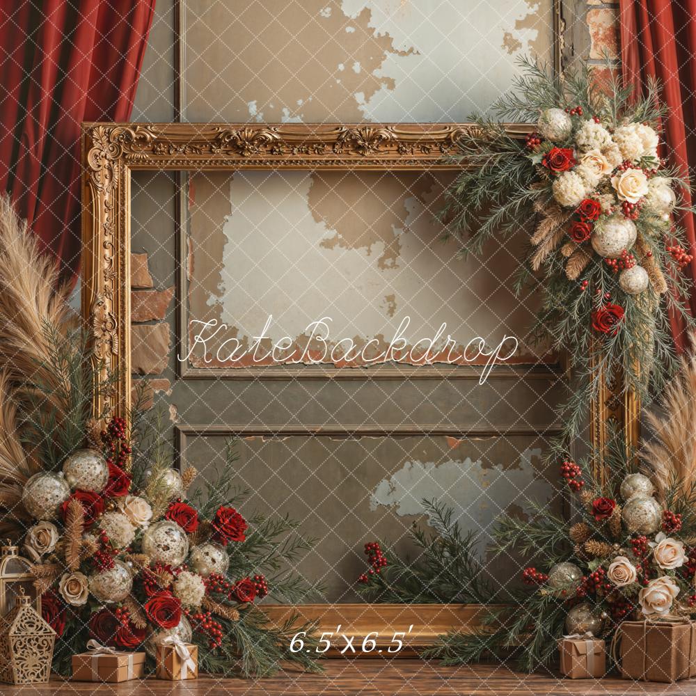 Kate Weihnachten Goldrahmen Pampasgras Vintage Hintergrund Entworfen von Emetselch - Kate Backdrop.de