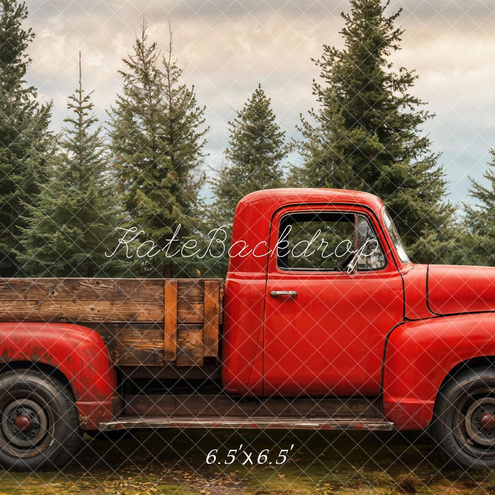 Kate Herbst Roter Pickup Tannenwald Hintergrund Entworfen von Emetselch - Kate Backdrop.de