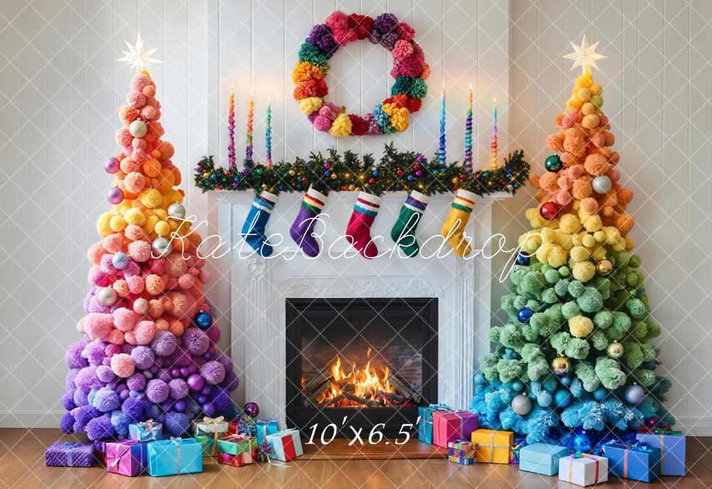 Kate Weihnachten Regenbogen Weihnachtsbäume Kamin Fleece Hintergrund Entworfen von Emetselch