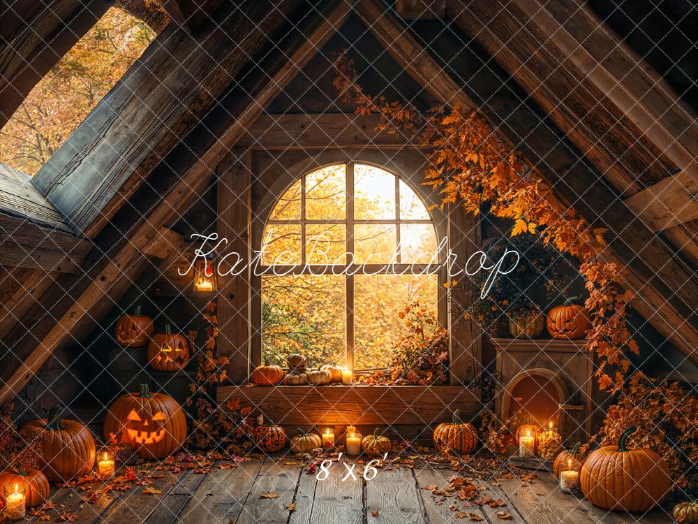Kate Halloween Kürbisse Fenster Dachboden Fleece Hintergrund Entworfen von Emetselch - Kate Backdrop.de
