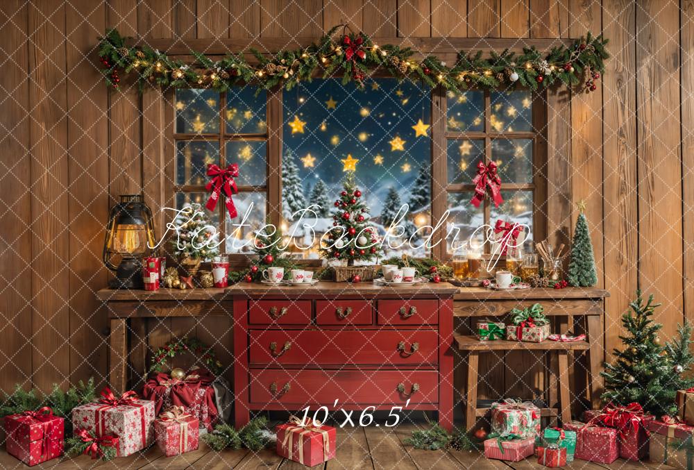 Kate Weihnachten Fenster Geschenke Holz Fleece Hintergrund Entworfen von Chain - Kate Backdrop.de