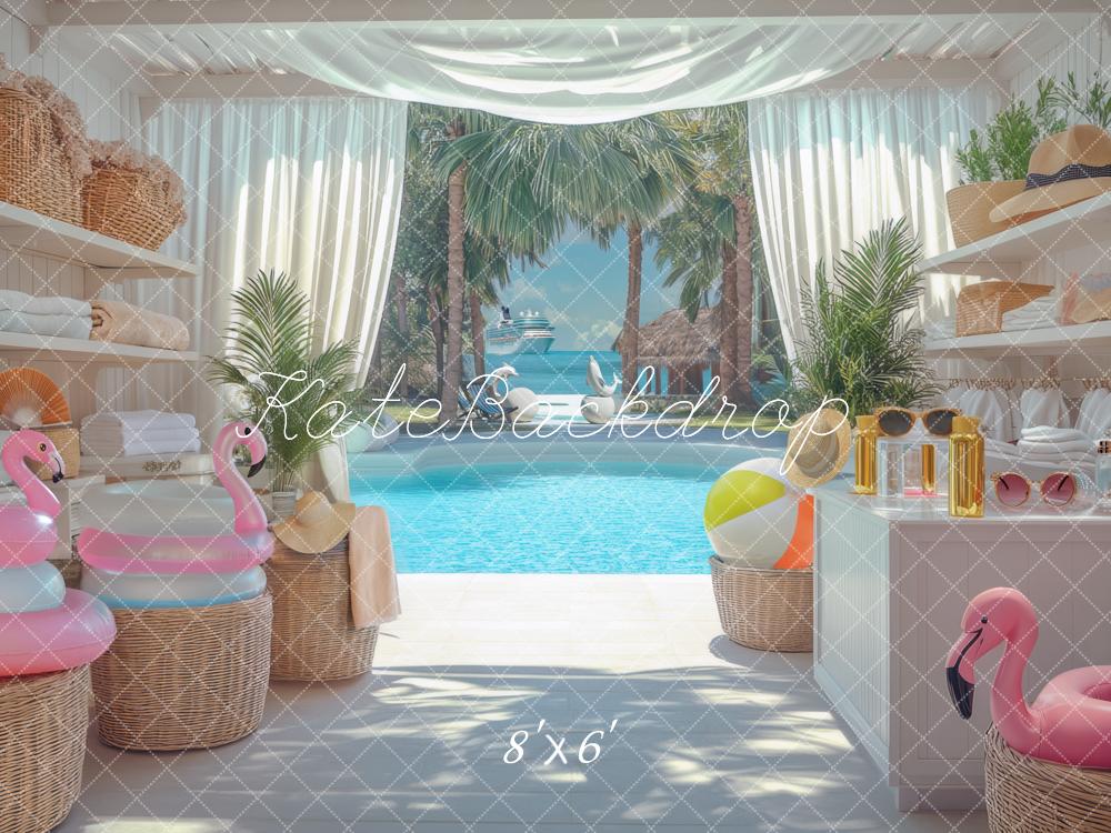 Kate Sommer Pool Palmen Strandhaus Hintergrund Entworfen von Mini MakeBelieve - Kate Backdrop.de