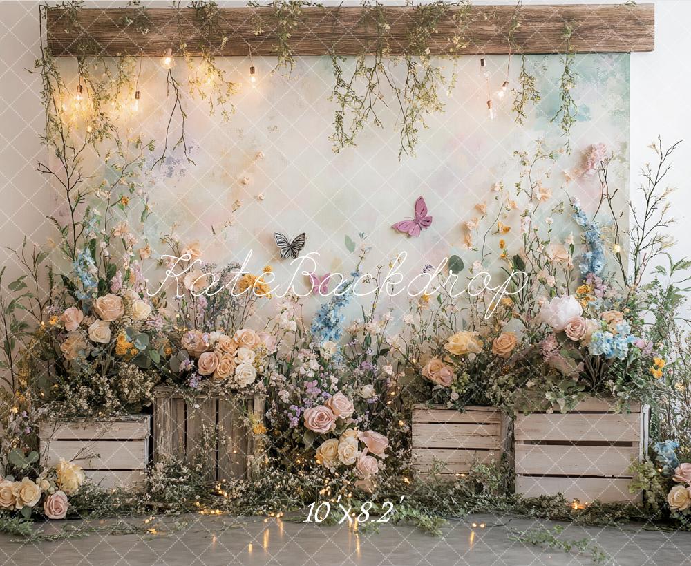 Kate Frühling Blumen Holzkisten Pastell Hintergrund Entworfen von Patty Roberts - Kate Backdrop.de