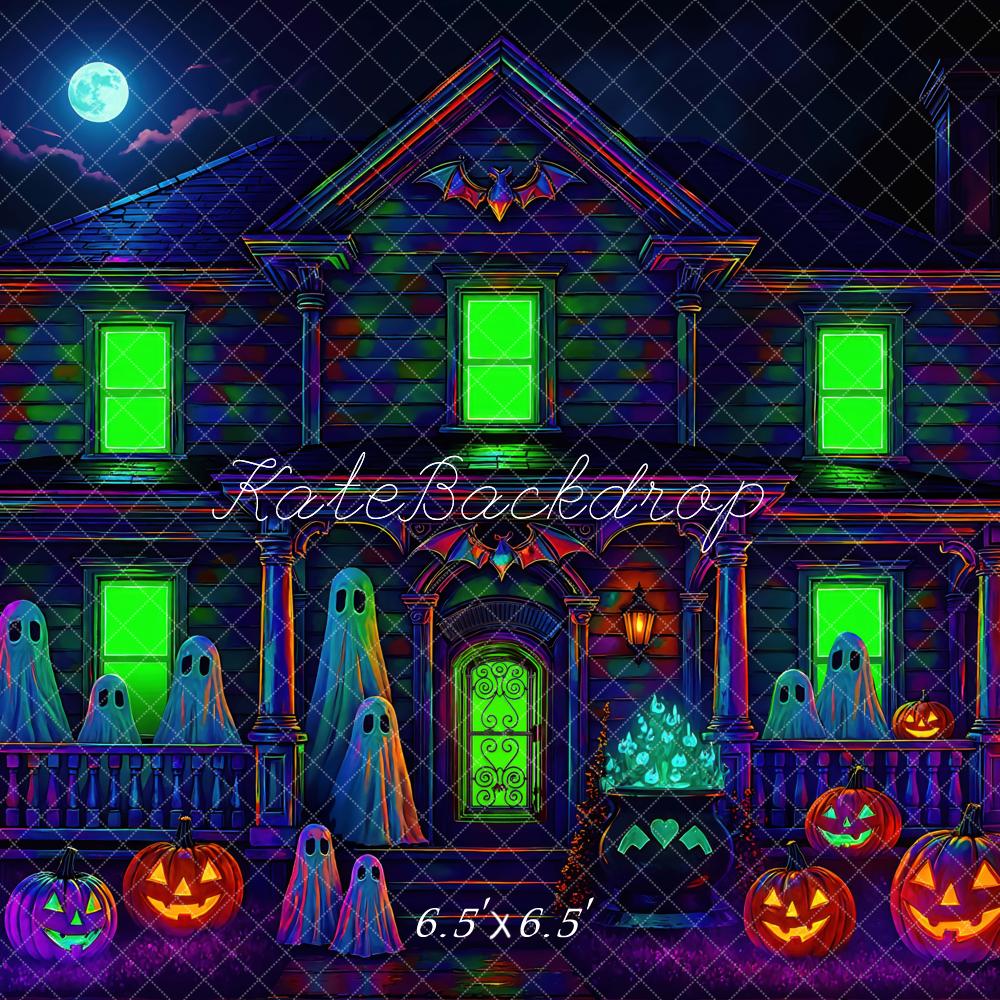 Kate Halloween Spukhaus Kürbisse Neon Hintergrund Entworfen von Mini MakeBelieve - Kate Backdrop.de