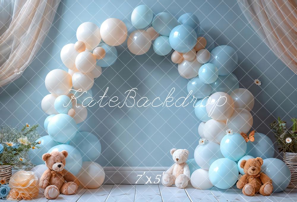 Kate Geburtstag Ballonbogen Teddybären Blau Hintergrund Entworfen von Emetselch - Kate Backdrop.de